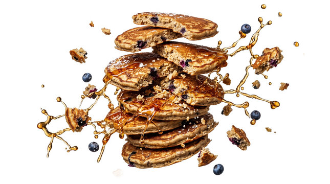 Delicious blueberry pancakes with syrup and crumbs against black background