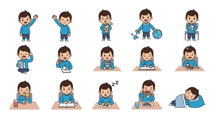 Fototapeta premium Illustrations of a young boy's daily routine including waking up, eating breakfast, studying, playing, and sleeping in a cute cartoon style.