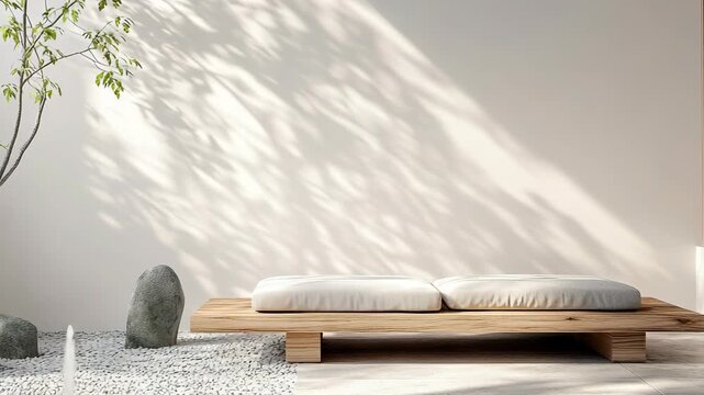 A wooden platform sits on a gravel surface under sunlight. Shadows from nearby plants create patterns on the wall. Stones and greenery add to the natural look of the area