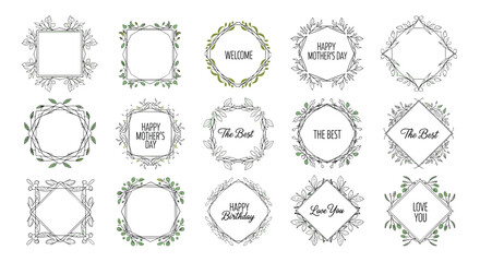 Fototapeta premium Elegant collection of floral wreath frames with hand drawn leaves and celebrations like Happy Mother's Day, Welcome, and Happy Birthday.