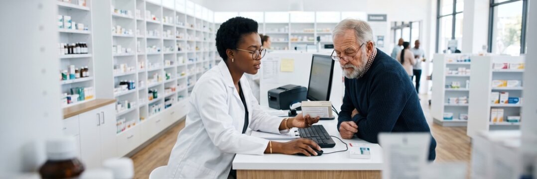 Pharmacist advising senior man about medicine box in bright pharmacy. Concept of elderly care, prescription guidance, pharmacy service, and pharma retail. Banner