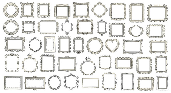 Large collection of various hand drawn decorative frames and borders in different shapes like circles, hearts, rectangles, and squares.