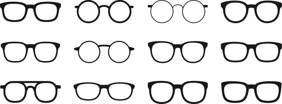 Set of twelve different eyeglass frame styles isolated on transparent background