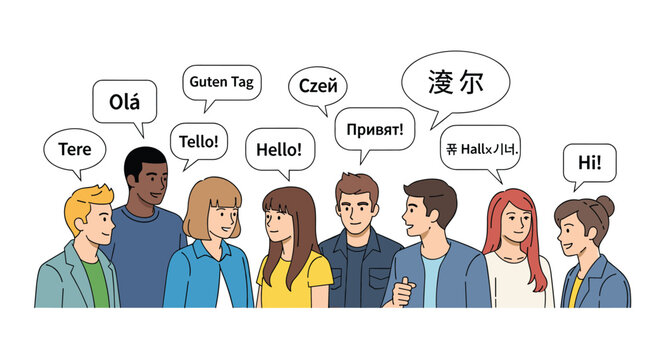 Group of diverse people communicating with each other using speech bubbles containing greetings in many different international languages.