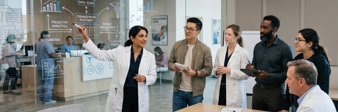 Doctor presenting healthcare analytics on glass board during medical team meeting. Concept of patient data, digital health, medical strategy, and clinic teamwork. Banner