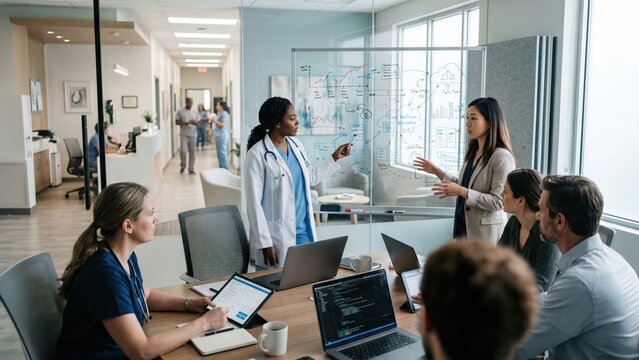 Healthcare innovation team discussing cloud architecture in clinic meeting room. Concept of digital health, EHR systems, medical software, and team planning.