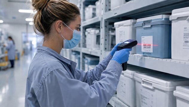 Masked healthcare worker scanning medical storage box in clean supply warehouse. Concept of pharma logistics, hospital inventory, stock audit, and cold chain.