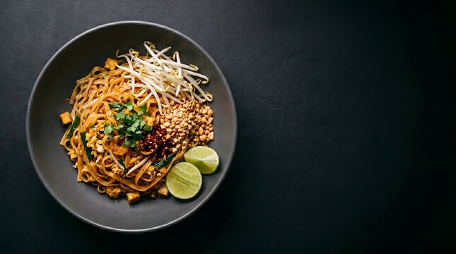 Pad thai rice noodles with bean sprouts lime wedges and crushed peanuts in plain dark ceramic bowl overhead on black surface, Thai street food premium dark editorial horizontal with copy space