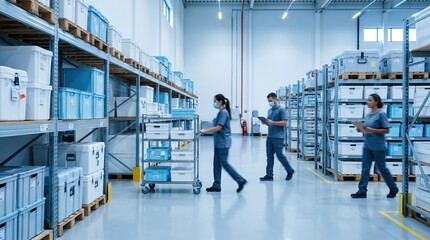 Fototapeta premium Healthcare warehouse staff walking through cold chain storage with medical containers. Concept of hospital logistics, pharma supply, inventory audit, and distribution.
