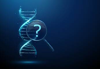 Obraz premium 3D blue DNA and a magnifying glass with a question mark. Genetic research, DNA analysis, biology study, gene, science discovery, medical investigation, genome concept