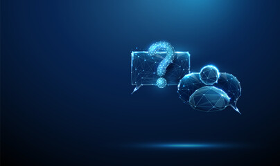 Plakat 3D blue chat bubbles with question mark and avatar icon User inquiry, ai chat assistant, virtual agent help desk, faq support, customer answer, knowledge base concept