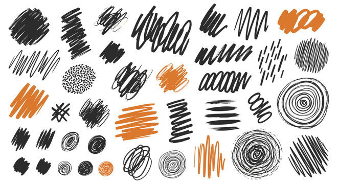 Collection of hand drawn scribbles hatch marks circles and texture patterns in black orange and white colors.