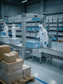 Protective suit workers scanning medical cold chain container on conveyor. Concept of pharma safety, sterile logistics, warehouse control, and inspection.