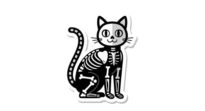 Cute black cat skeleton sticker isolated on white background