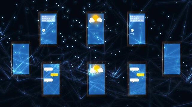 Mobile phones display apps on plexus background