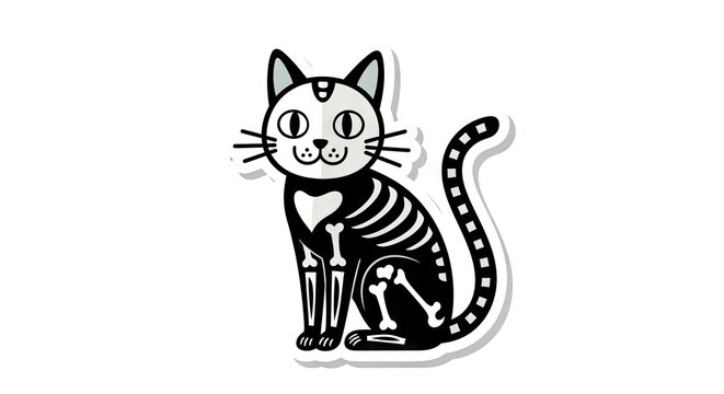 Cute Halloween cat skeleton sticker illustration on white background
