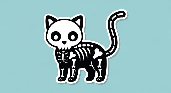 Cute skeleton cat sticker illustration on blue background