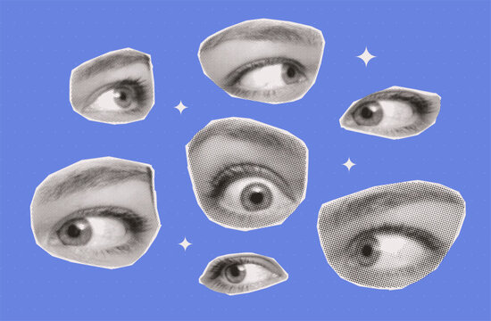 Elegant Surreal collage halftone eyes set. Retro pop art vintage newspaper cutouts on blue background with stars. Abstract grunge vision and paranoia concept vector illustration for zine.