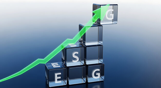 A green line graph ascends on stacked cubes labeled ESG on a blue background.