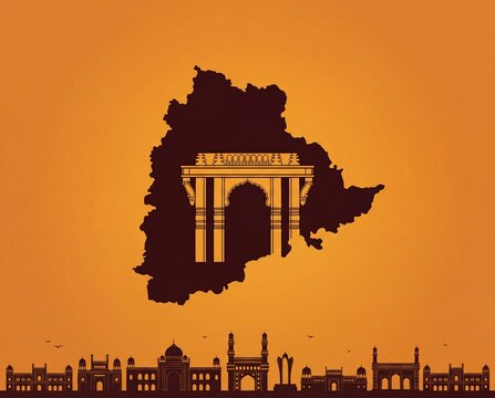 Telangana formation day background with map and iconic monuments silhouettes.