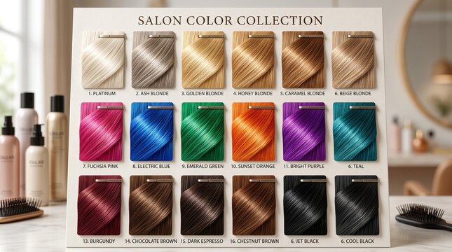 A 3x6 grid hair salon color swatch collection board showcasing vibrant shades from platinum and electric blue to deep espresso brown on a countertop with salon tools.