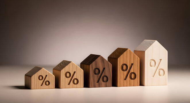 Wooden House Icons with Percent Signs Increasing in Size