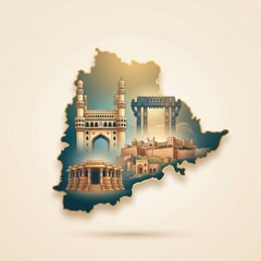 Fototapeta na wymiar Telangana formation day poster with famous monuments in map.