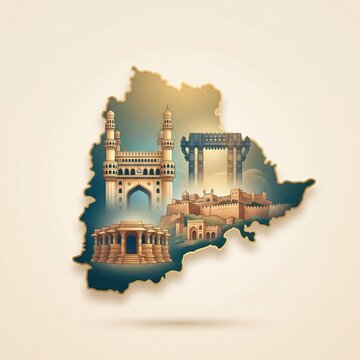 Telangana formation day poster with famous monuments in map.