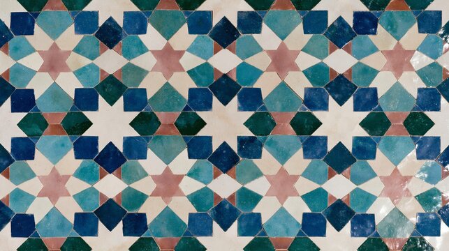 Seamless mosaic of hand-cut Moroccan zellige tiles in vibrant geometric star patterns