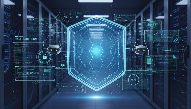 Futuristic Shield Data Protection Network in Server Corridor