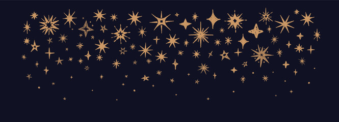 Fototapeta premium Celestial pencil stars border on dark sky. Magical sparkling trail creates perfect for festive christmas design and mystical starry composition. Vector hand drawn texture backdrop