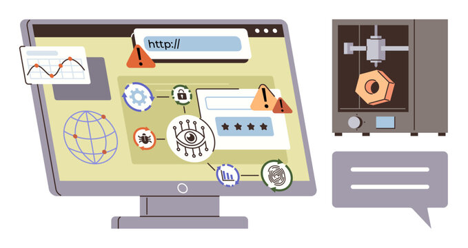 Cybersecurity, online fraud, digital security, data protection, technology risks, industrial applications. Monitor showing security alerts, 3D printer and communication bubble. Cybersecurity