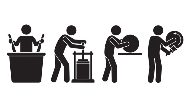 Black silhouettes of people doing various actions with drums for music and rhythm concepts