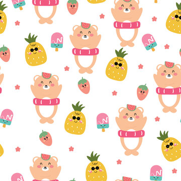 Seamless pattern of cute cartoon bears with summer elements. Cute summer patterns for wallpaper, gift wrapping paper.