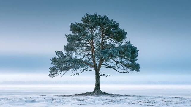A lone pine tree stands resilient in a snowy landscape under a clear blue sky.