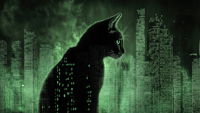 Black Cat Silhouette in Green Digital Matrix Technology Background