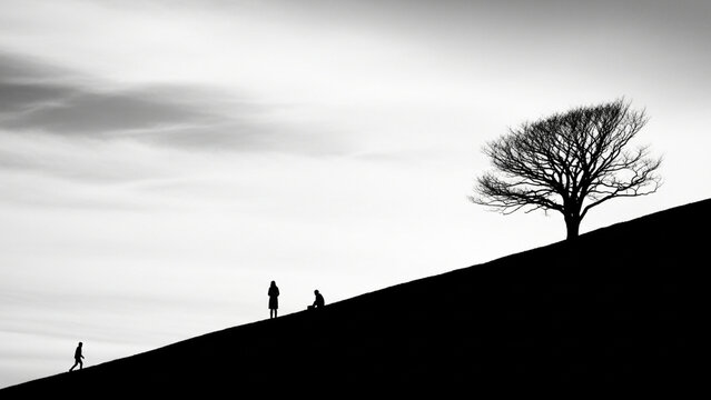 Dramatic Black and White Silhouette of a Lone Bare Tree and People Walking on a Sloping Hillside Under a Moody Overcast Sky, Minimalist Landscape Composition