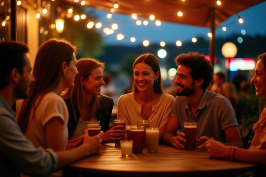 Group of happy friends drinking beer on an outdoor patio at night