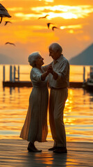 Obraz premium Joyful senior man and woman dancing, holding hands on a tranquil waterfront pier during a golden hour sunset