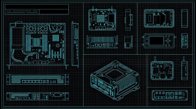 AI Infrastructure Edge Computing Nodes CAD Icon Pack Blueprint Vector with Distributed Network Architecture Elements