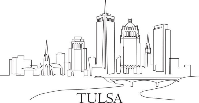 Tulsa skyline drawn in minimalist line art style