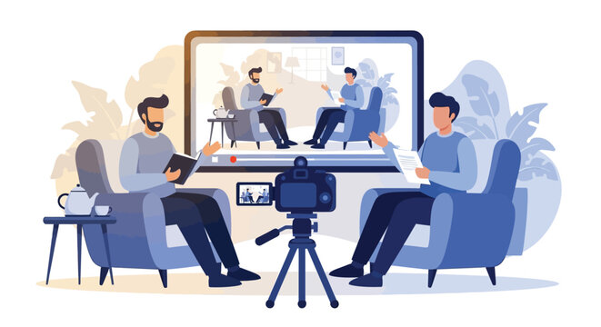 Men recording professional video interview in studio with camera on tripod lighting equipment setup talking about business projects for internet content creation.