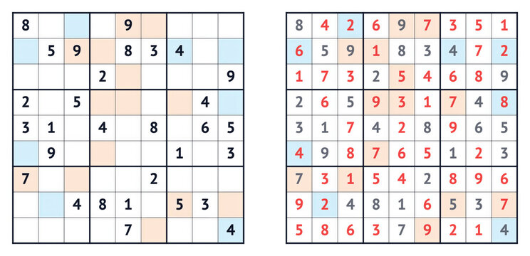 Even-odd sudoku puzzle with solution isolated on white background. Logic number game template vector illustration. Educational math worksheet for school kids and adults brain teaser book.