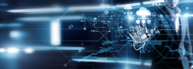Obraz premium Halo robot hand touch Cloud Computing servers. Managing scalable remote storage and virtual infrastructure for enterprises. Seamless data accessibility fosters collaboration across global networks.