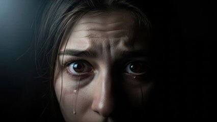 Fototapeta premium Close up portrait of woman crying with visible tears.