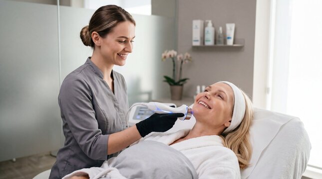 Facial lifting procedure beauty clinic mature woman esthetician smiling skincare treatment relaxing professional wellness anti aging modern clean environment