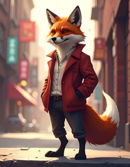 Fototapeta premium Stylish Anthropomorphic Fox Standing Confidently on Sunlit Urban Street