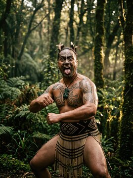 Powerful maori warrior performing a haka in lush green forest with traditional attire and facial tattoos