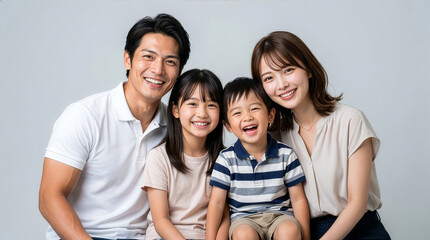 Fototapeta premium 夏服を着た若い家族が笑顔で仲良く座っている