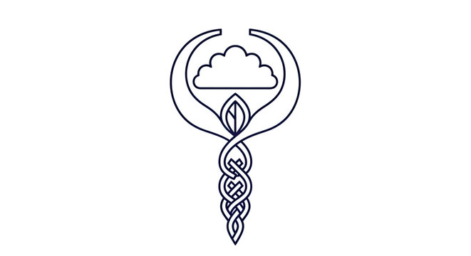 Caduceus leaf and cloud line art logo icon.